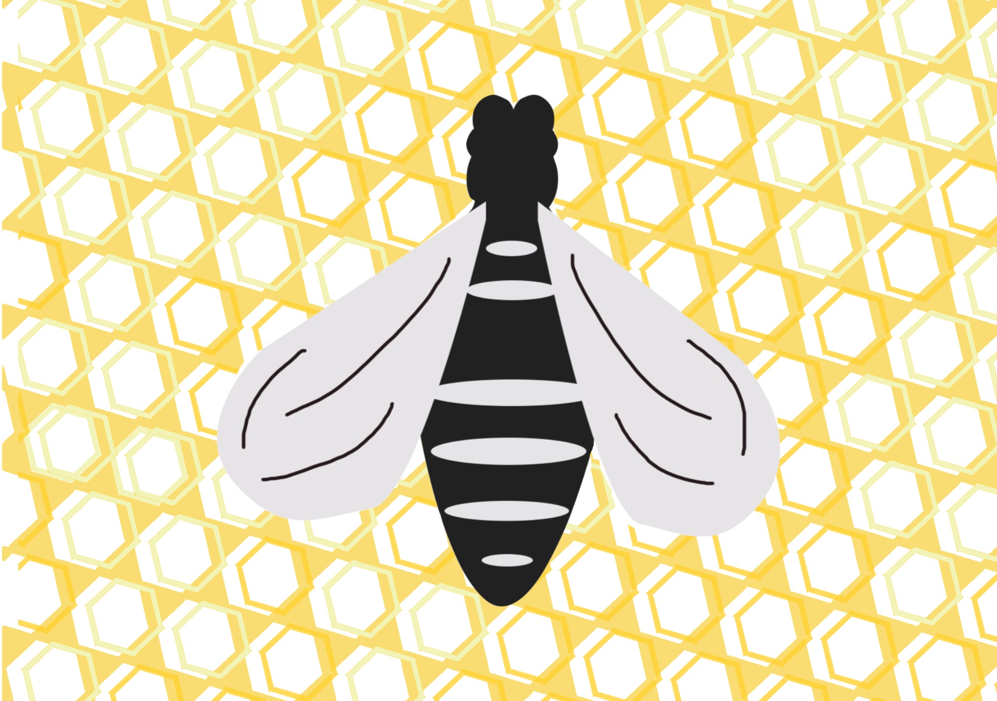 illustration, bee on golden yellow honeycomb background